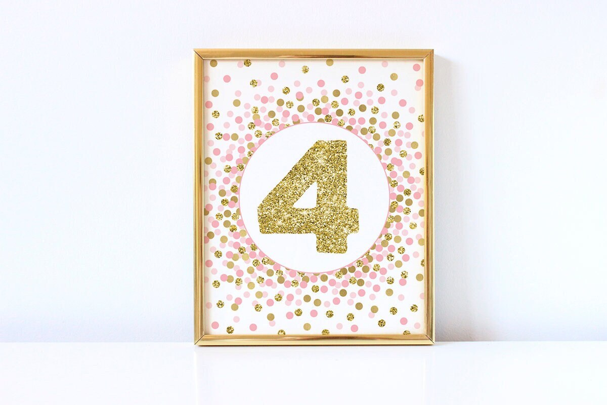 Number 4 sign printable 4th Birthday decorations Pink gold number 4 print Gold glitter number 4 poster 4th birthday decorations Table sign