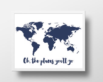 Póster imprimible del mapa del mundo Oh, los lugares a los que irás Mapa del mundo Imprimir Navy Nursery Decor Baby Boy Nursery Imprimir Descarga digital