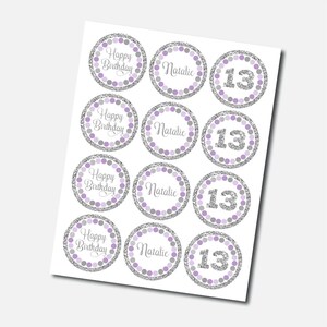 13 cumpleaños cupcake toppers Decoración de cumpleaños púrpura y plateada Etiquetas de cumpleaños personalizadas Etiquetas redondas de cumpleaños Cualquier edad