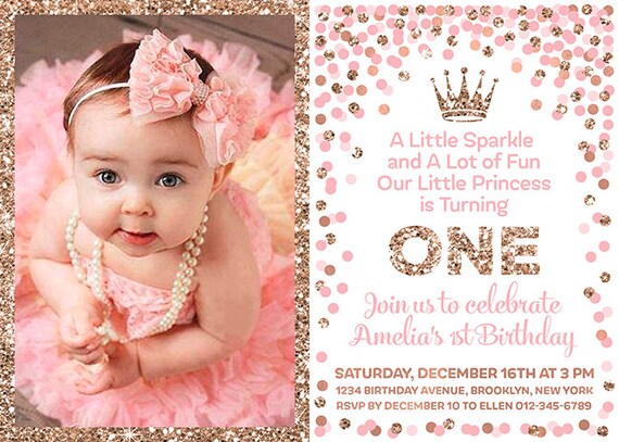 thumbnail image 2 of Personalised Photo 1st Birthday Invitations – Rose Gold Or Silver Glitter Effect, Pack Of 10 With Envelopes, UK Made 2 of 6