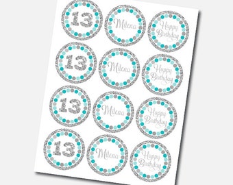 Cupcake Toppers Personalized Teal Silver Decorations Girl 13th Birthday Party. Any Age