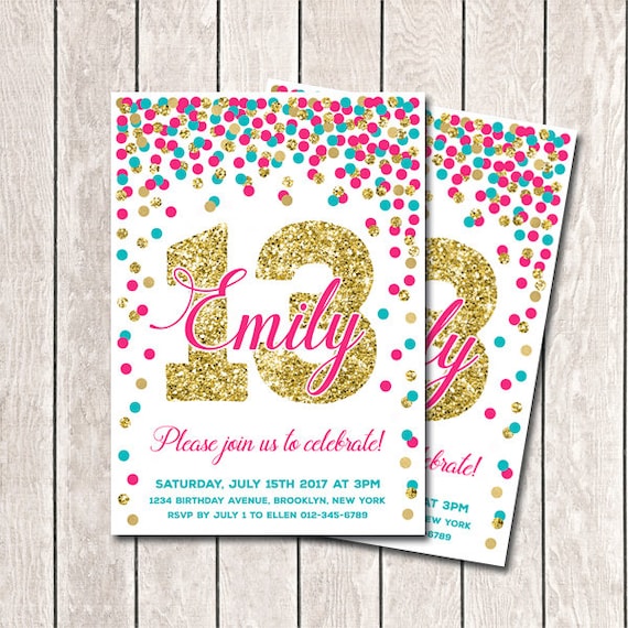 13th birthday invitation hot pink teal and gold confetti birthday invitation girl birthday invitation printable teal and pink confetti printable 13th birthday invitations