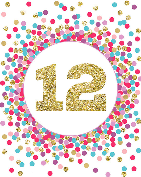 Number 12 sign printable 12th Birthday girl table sign Hot pink purple  lavender teal gold 12th Birthday decorations Number 12 print