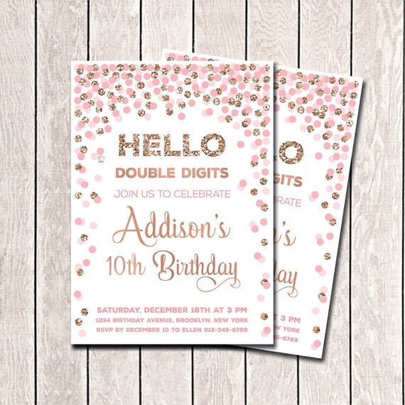 Double digits birthday invitation pink and rose gold 10th etsy