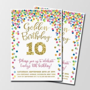 Personalized Golden Birthday invitation Rainbow and gold birthday invitation Golden birthday invite for girl 10th birthday invite Any age