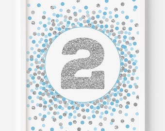 Number 2 table sign Light blue and silver birthday decorations Number 2 print 2nd birthday party décor 2nd Birthday table sign