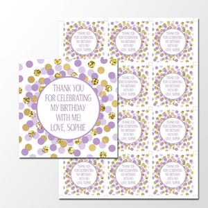 Thank you for celebrating my birthday with me tags Personalized favors Purple Birthday decoration Purple and gold confetti favor tags