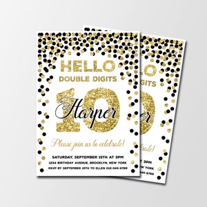 Double digits invitation Black and gold confetti invitation 10th Birthday invitation Personalized Double digits birthday invite