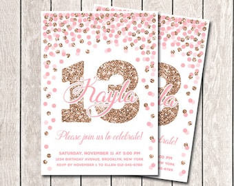 Pink And Rose Gold Confetti Birthday Invitation Girl 13th Birthday Invitation Printable Pink And Rose Gold Glitter Birthday Party Any Age