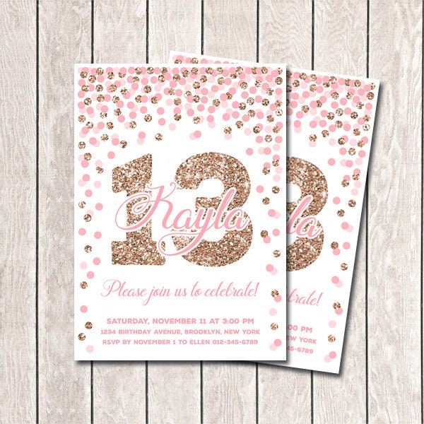 Pink And Rose Gold Confetti Birthday Invitation Girl 13th Birthday Invitation Printable Pink And Rose Gold Glitter Birthday Party Any Age
