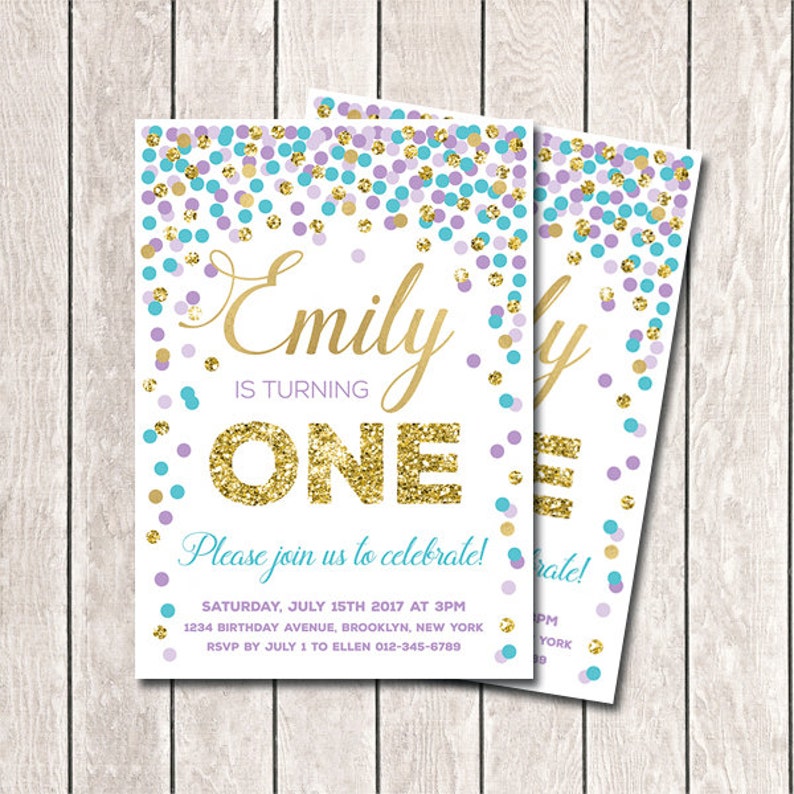 1st Birthday Invitation Purple Turquoise Gold Confetti Birthday Invitation Girl First Birthday Invitation Any Age Girl Invitation Printable