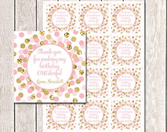 Thank You For Making My birthday ONEderful Tags Personalized Thank You Tags Printable Girl Birthday Party Decoration Pink Gold Favor Tags