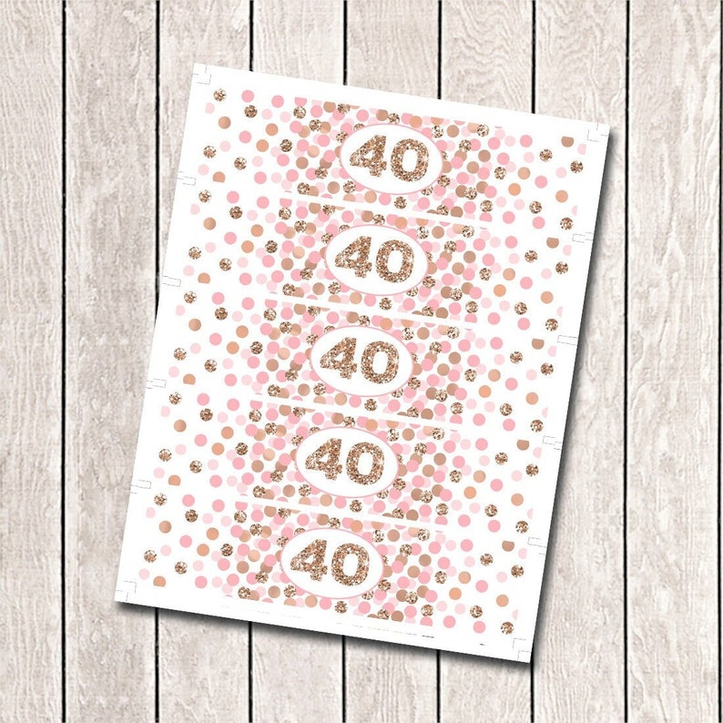 40th Birthday water bottle labels 40th Birthday decorations Pink and rose gold water bottle labels printable Rose gold 40th birthday labels image 1