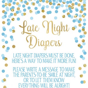 Late Night Diapers Sign Printable Boy Baby Shower Games Blue and Gold ...