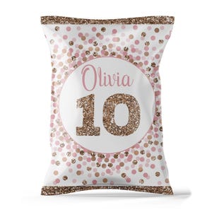 Pink and rose gold Birthday chip bag Personalized chip bag label 10th birthday girl chip bag Rose gold confetti decorations Any age