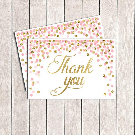 Pink Gold Thank You Card Printable Girl Birthday or Baby Etsy