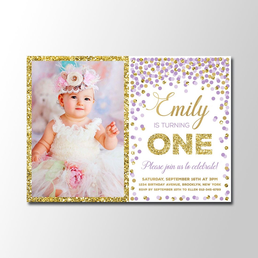 1st birthday photo invitations for girl Purple and gold birthday invitation printable Personalized invitation with photo Any age