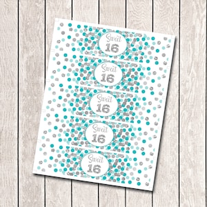 Teal silver Sweet 16 water bottle labels Sweet 16 birthday decorations Sweet 16 water bottle wrappers 16th Birthday labels