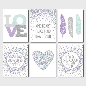 Set of 6 Prints Baby Girl Nursery Art Lavender Aqua Gray Nursery Decor Printable Lavender Silver Nursery Wall Art Nursery Quote Print