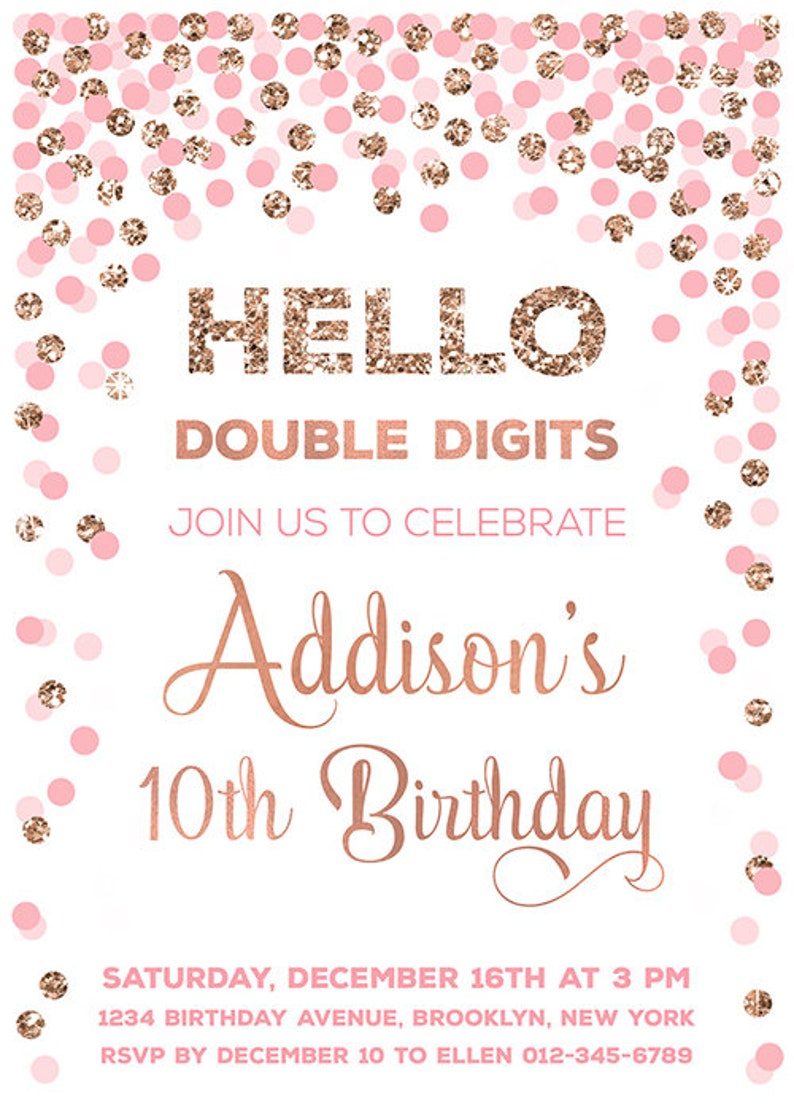 Double digits birthday invitation pink and rose gold 10th etsy