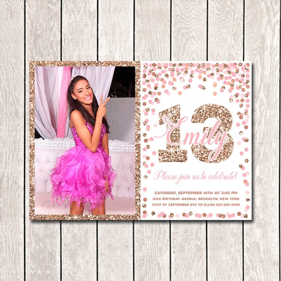 Pink And Rose Gold Invitation for Girl 13th Birthday Party Personalized invitations With Photo