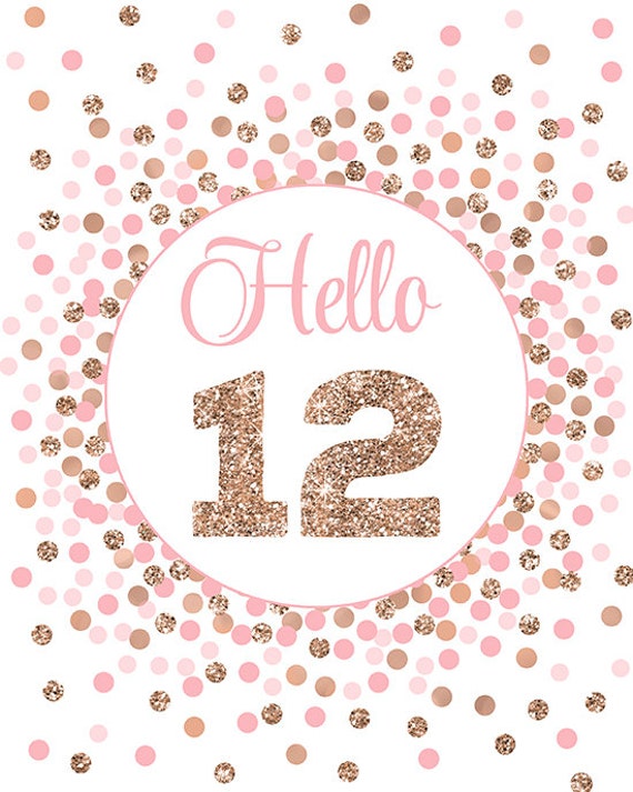 Hello 12 sign printable Pink and rose gold 12th Birthday table sign Rose  gold 12th Birthday decorations Number 12 printable Number 12 sign