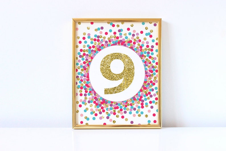 Number 9 Sign Printable Ninth Birthday Party Sign Girl 9th Birthday Party Decorations Hot Pink Purple Lavender Teal Gold Glitter image 1