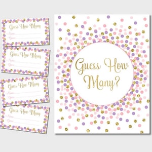 Adivinhe quantos sinais e cartões para imprimir Decorações de aniversário ou chá de bebê em rosa, roxo e dourado Atividade de jogo de adivinhação Cartões de adivinhação