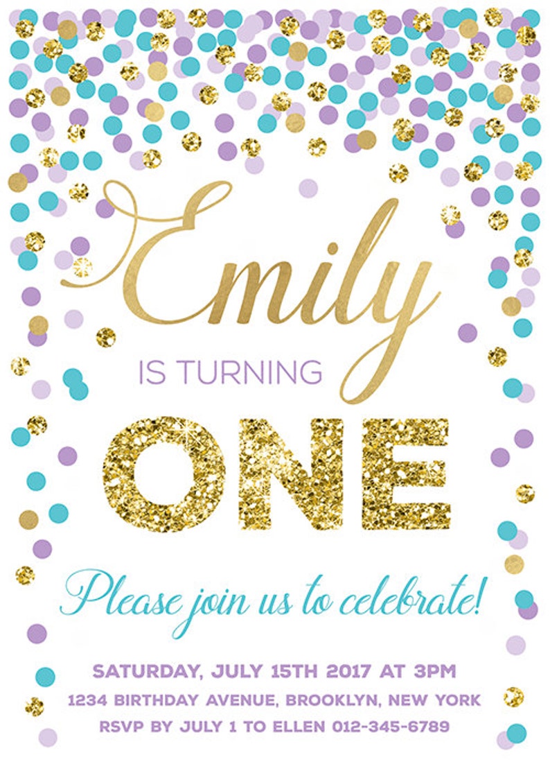 1st Birthday Invitation Purple Turquoise Gold Confetti Birthday Invitation Girl First Birthday Invitation Any Age Girl Invitation Printable