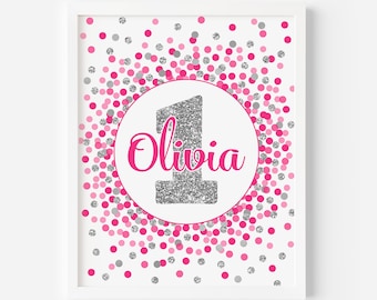Personalized name sign Hot pink and silver birthday decorations Number 1 printable 1st Birthday table sign Name print Any age