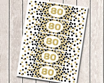 80th Birthday Water Bottle Labels Printable Gold and Black Decorations Gold Black Water Bottle Wraps