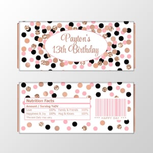 Birthday candy bar wrappers Pink black rose gold Chocolate wrapper Birthday favors Custom chocolate bar label Printable candy bar labels