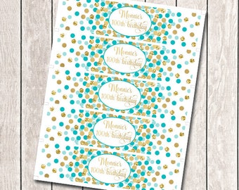 Gold and teal water bottle labels printable Water bottle wraps Personalized 100th Birthday decorations Any age
