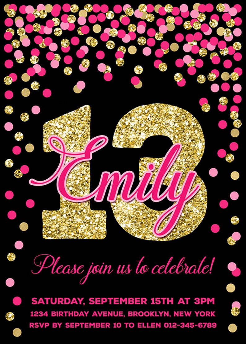 13th Birthday Invitations Girl Birthday Invites Printable Hot Pink Gold Birthday Invitations For Girl Pink Gold And Black image 2