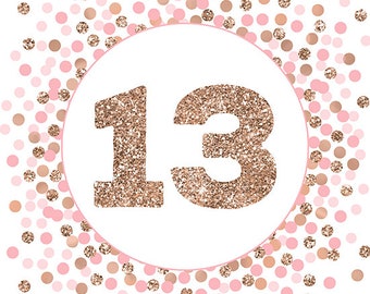 数字 13 サイン 印刷可能 ピンク ローズ ゴールド 紙吹雪 13 歳