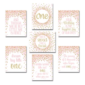 First Birthday Party Decor Set of Prints 1st Birthday Party Signs Pink Gold Girl First Birthday Party Decor Pink And Gold Nursery Wall Art