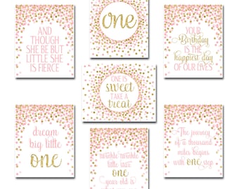 First Birthday Party Decor Set of Prints 1st Birthday Party Signs Pink Gold Girl First Birthday Party Decor Pink And Gold Nursery Wall Art