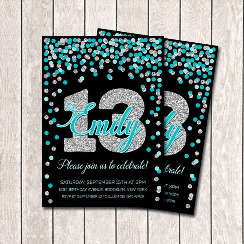 13th-birthday-invitation-printable-teal-and-silver-confetti-etsy