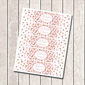 Sweet 16 Water Bottle Labels Personalized Pink Rose Gold Confetti Water Bottle Wrappers Water Bottle Labels Printable