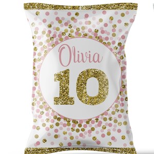 Pink and gold Birthday chip bag for girls Personalized chip bag label 10th birthday chip bag Gold confetti decorations Any age