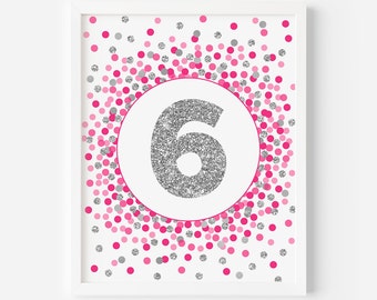 6th Birthday party sign Number 6 sign printable 6th Birthday decorations Hot pink and silver glitter confetti Number 6 print