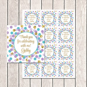 Thank you tags Girl birthday favor tags Purple turquoise and gold decoration Personalized tags