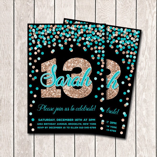 13th Birthday Invitations for Girl Teal and Rose Gold Birthday - Etsy