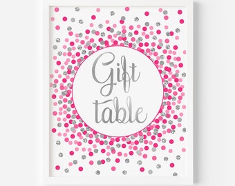 Gift table sign printable Hot pink and silver Birthday or baby shower Gift table print Bright pink and silver decorations