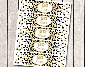 80th birthday water bottle labels Personalized water bottle labels 80th birthday party black and gold decorations