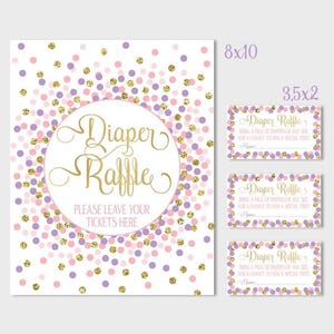 Windel-Verlosungsschild und Karten Rosa Lila Gold Baby-Dusche-Windel-Verlosungsspiel Windel-Verlosungskarten zum Ausdrucken Rosa Lila Baby-Dusche-Spiel