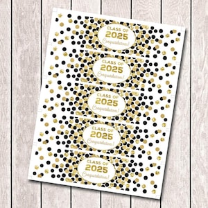 Graduation water bottle labels Black and gold graduation decorations Class of 2025 party Printable graduation water bottle wrapper