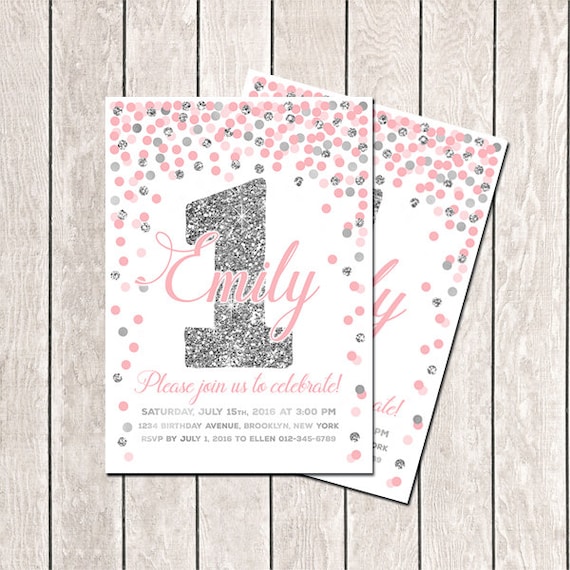 first birthday invitation pink gray girls birthday confetti etsy
