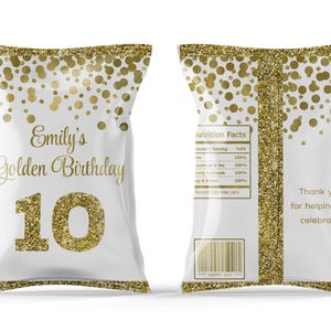Goldener Geburtstag Chip Beutel Etikett Personalisierte Chip Beutel Etiketten für Mädchen 10 Geburtstag Chip Beutel Gold Konfetti Dekorationen Jedes Alter