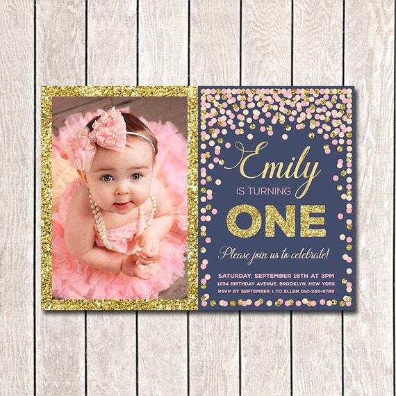 Blush Pink and Gold Photo Invitation 1st Birthday Invitation Etsy